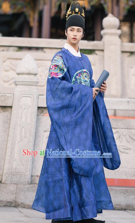 China Ancient Royal Prince Historical Clothing Ming Dynasty Emperor Official Garment Traditional Hanfu Blue Brocade Robe