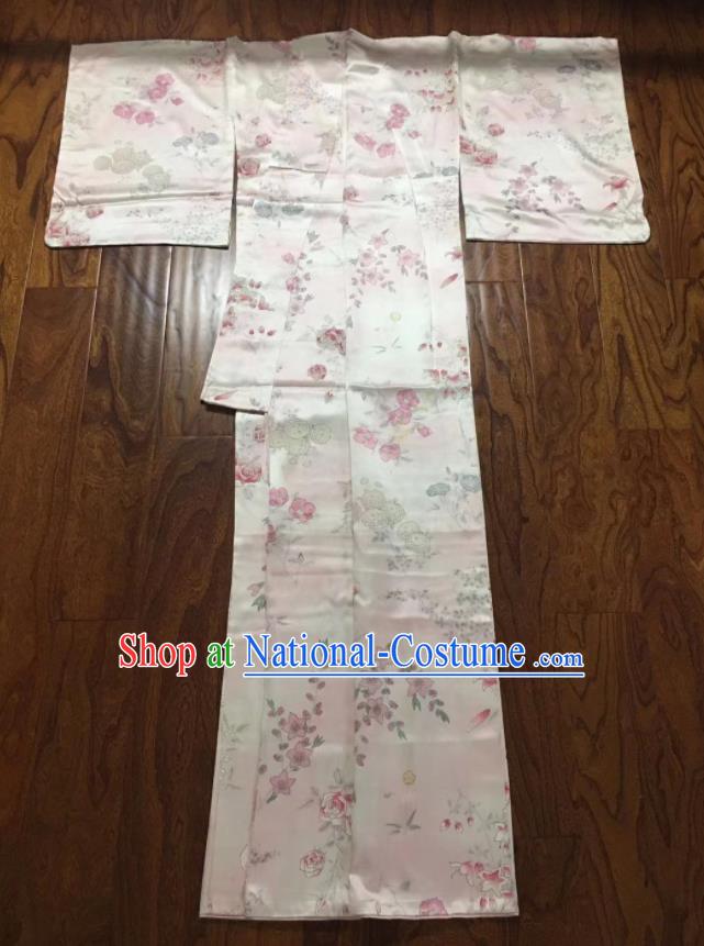 Japan Young Woman Garment Costume Traditional Silk Yukata Dress Classical Flowers Pattern Kimono Clothing