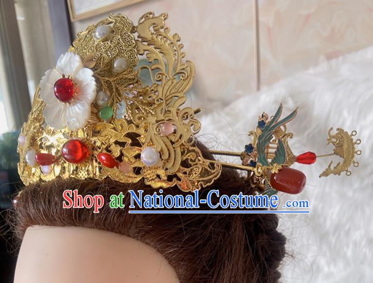 China Ancient Drama The Sword and the Brocade Headdress Ming Dynasty Noble Woman Hair Crown and Hairpins Traditional Wedding Hair Accessories