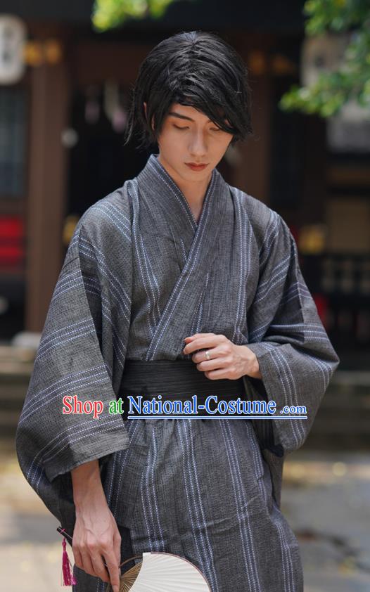 Japanese Ancient Warrior Apparels Asian Traditional Grey Yukata Robe Summer Festival Male Clothing