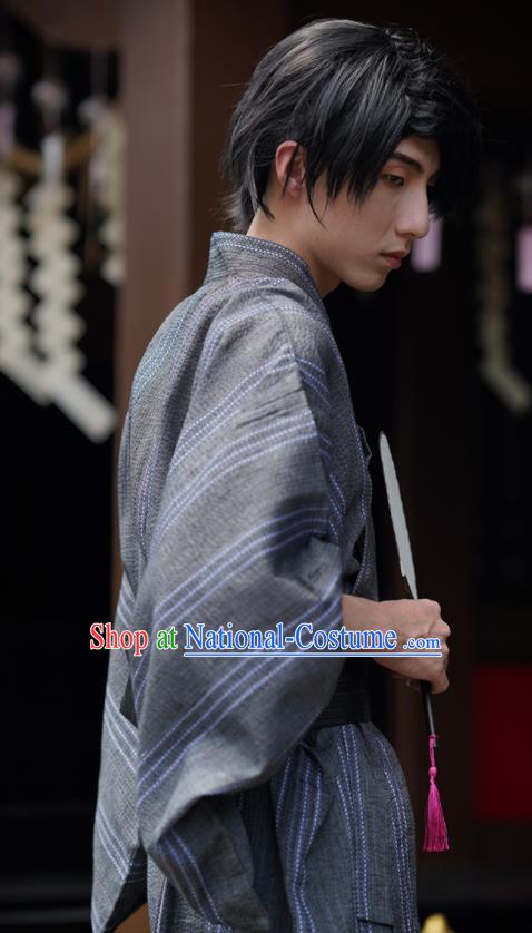 Japanese Ancient Warrior Apparels Asian Traditional Grey Yukata Robe Summer Festival Male Clothing