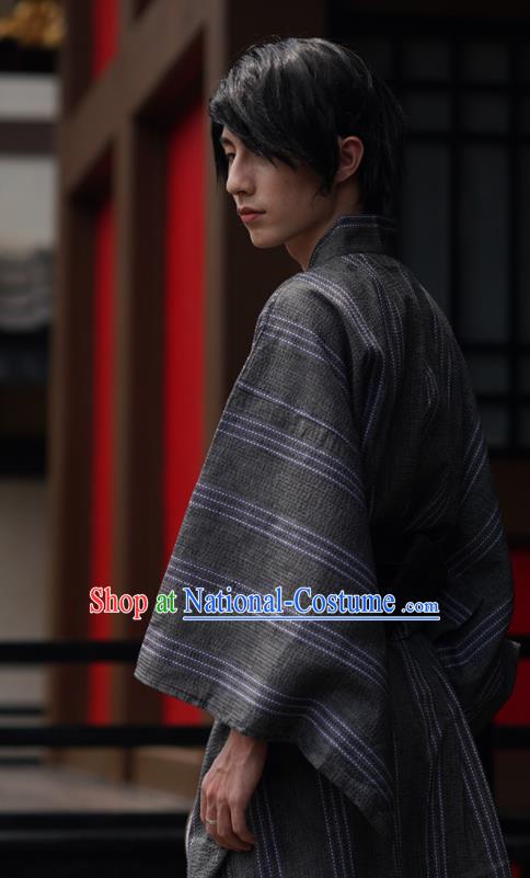 Japanese Ancient Warrior Apparels Asian Traditional Grey Yukata Robe Summer Festival Male Clothing