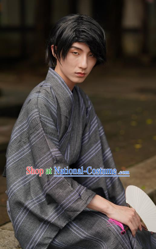 Japanese Ancient Warrior Apparels Asian Traditional Grey Yukata Robe Summer Festival Male Clothing