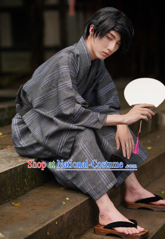 Japanese Ancient Warrior Apparels Asian Traditional Grey Yukata Robe Summer Festival Male Clothing