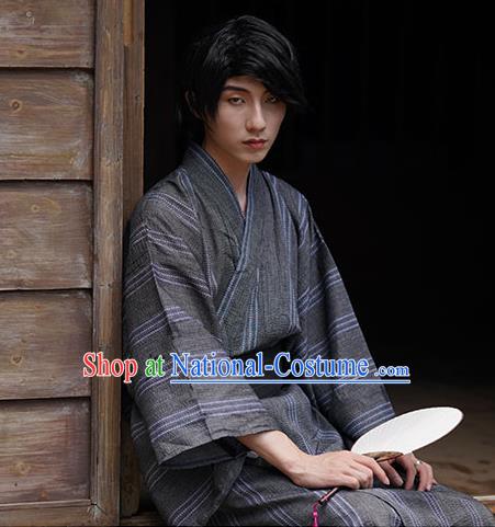 Japanese Ancient Warrior Apparels Asian Traditional Grey Yukata Robe Summer Festival Male Clothing