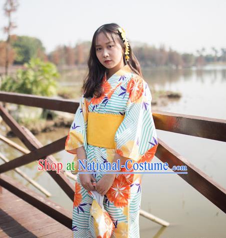 Japan Traditional Summer Festival Garment Costume Hanabi Taikai Printing Albizia Flower Yukata Dress Female Kimono