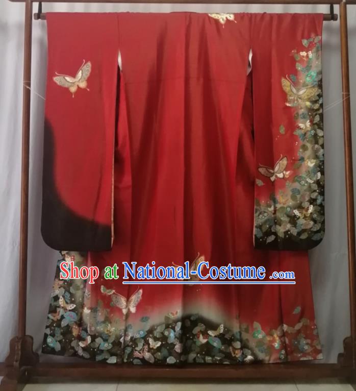 Japan Orthodox Garment Costume Court Woman Printing Butterfly Yukata Dress Traditional Wedding Red Furisode Kimono Clothing