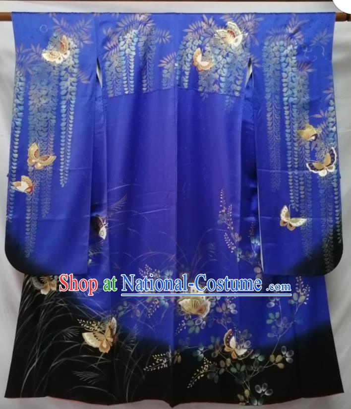 Japan Kyoto Royalblue Silk Yukata Dress Traditional Butterfly Pattern Furisode Kimono Clothing Empress Garment Costume