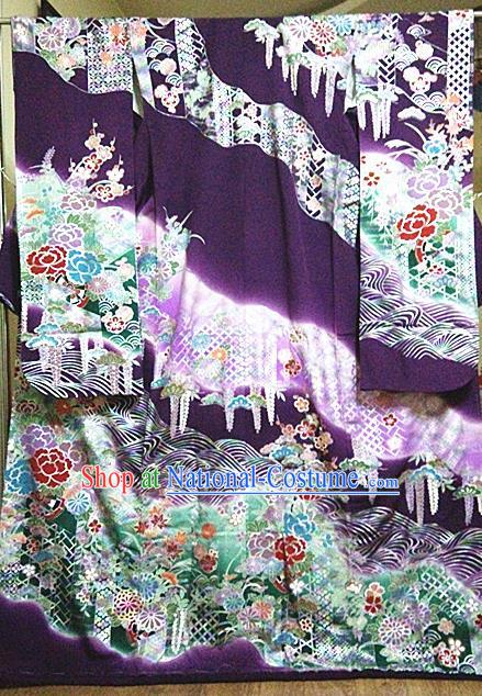 Japan Tokyo Wedding Purple Yukata Dress Traditional Wisteria Peony Pattern Furisode Kimono Clothing Royal Empress Wafuku Garment Costume