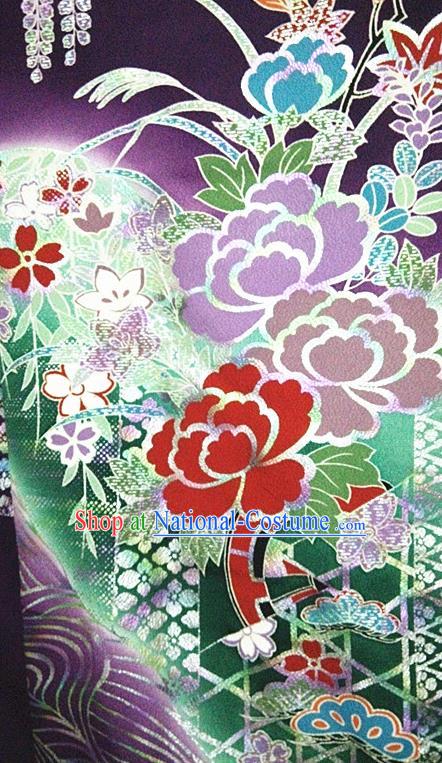 Japan Tokyo Wedding Purple Yukata Dress Traditional Wisteria Peony Pattern Furisode Kimono Clothing Royal Empress Wafuku Garment Costume