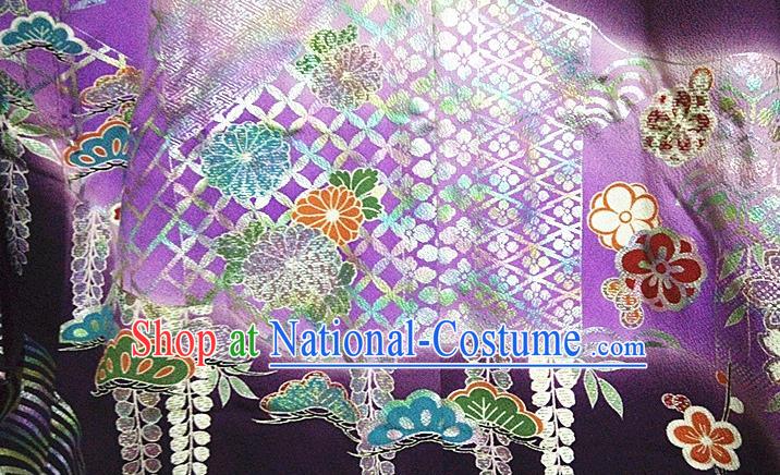 Japan Tokyo Wedding Purple Yukata Dress Traditional Wisteria Peony Pattern Furisode Kimono Clothing Royal Empress Wafuku Garment Costume