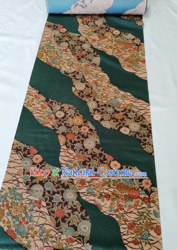 Japanese Kimono Dress Corset Accessories Traditional Yukata Belt Green Silk Fabric Classical Chrysanthemum Pattern Waistband Brocade Material