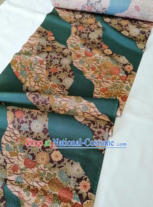 Japanese Kimono Dress Corset Accessories Traditional Yukata Belt Green Silk Fabric Classical Chrysanthemum Pattern Waistband Brocade Material