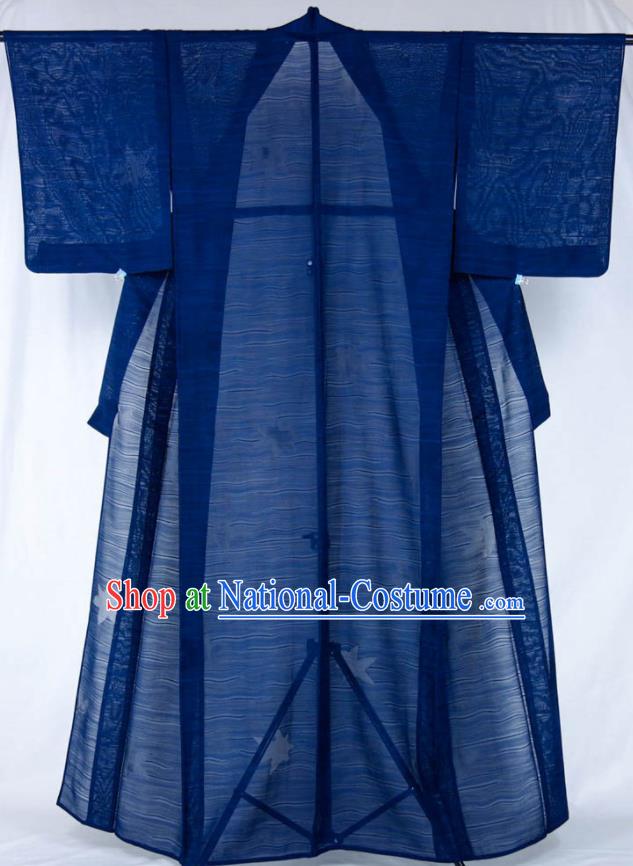 Japan Classical Pattern Iromuji Kimono Clothing Elderly Woman Garment Costume Traditional Navy Silk Yukata Dress