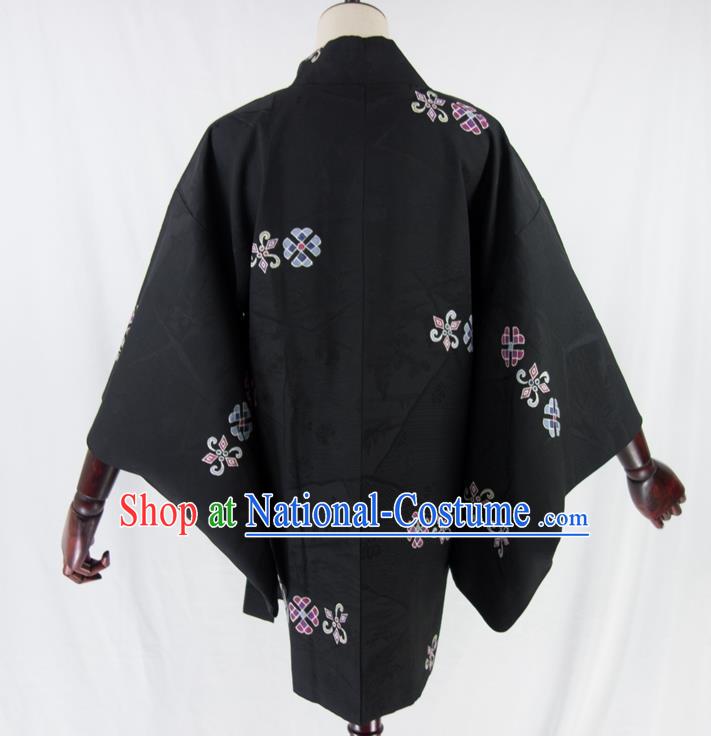 Japanese Male Embroidered Haori Jacket Clothing Traditional Kimono Outer Garment Classical Sakura Pattern Black Silk Overcoat Apparel