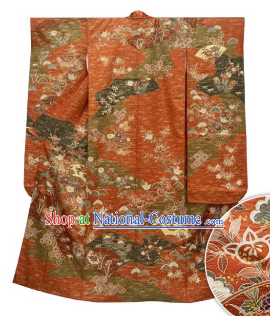 Japan Wedding Bride Garment Costume Traditional Orange Yukata Dress Classical Maple Leaf Pattern Furisode Kimono Clothing