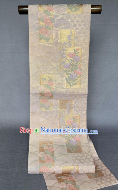 Japanese Traditional Yukata Robe Beige Brocade Belt Classical Chrysanthemum Pattern Wafuku Waistband Summer Kimono Dress Corset Accessories