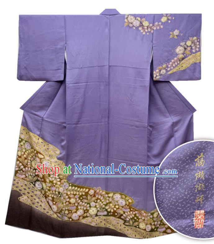 Japan Classical Flowers Pattern Homongi Kimono Clothing Young Woman Garment Costume Traditional Court Purple Yukata Dress