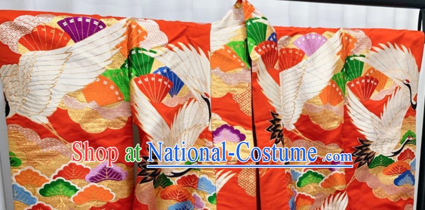 Japan Wedding Bride Garment Costume Traditional Court Empress Yukata Dress Classical Cranes Pattern Red Uchikake Kimono Clothing