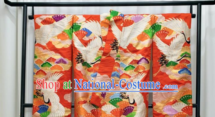 Japan Wedding Bride Garment Costume Traditional Court Empress Yukata Dress Classical Cranes Pattern Red Uchikake Kimono Clothing