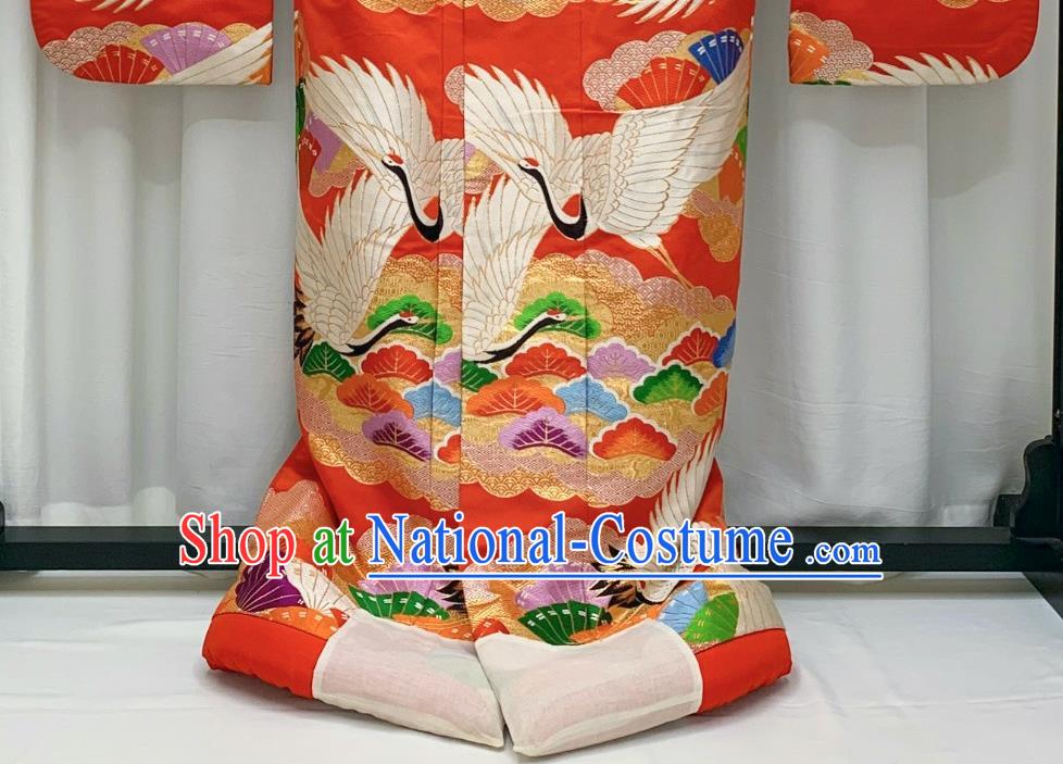 Japan Wedding Bride Garment Costume Traditional Court Empress Yukata Dress Classical Cranes Pattern Red Uchikake Kimono Clothing