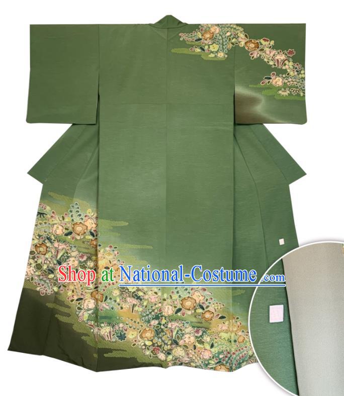 Japan Wedding Bride Homongi Garment Costume Traditional Printing Green Yukata Dress Classical Flowers Pattern Kimono Clothing