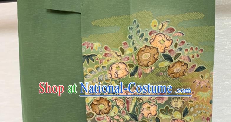 Japan Wedding Bride Homongi Garment Costume Traditional Printing Green Yukata Dress Classical Flowers Pattern Kimono Clothing