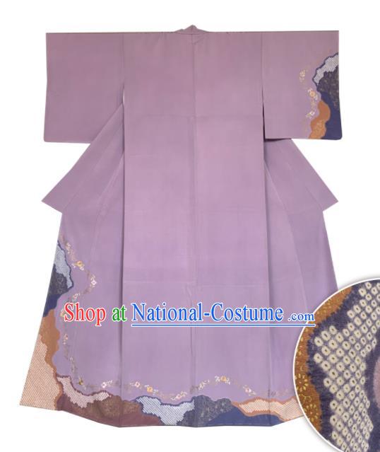 Japan Classical Flowers Pattern Kimono Clothing Wedding Bride Homongi Garment Costume Traditional Lilac Yukata Dress