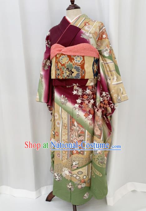 Japan Geisha Garment Costume Traditional Court Queen Wine Red Yukata Dress Classical Flowers Pattern Furisode Kimono Clothing