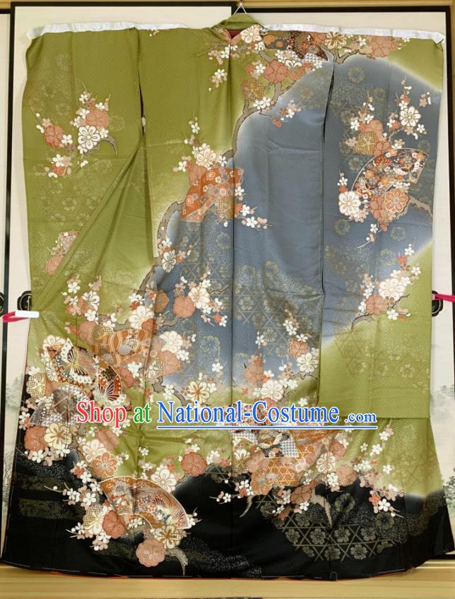 Japan Traditional Geisha Olive Green Yukata Dress Classical Sakura Pattern Furisode Kimono Clothing Wedding Bride Garment Costume