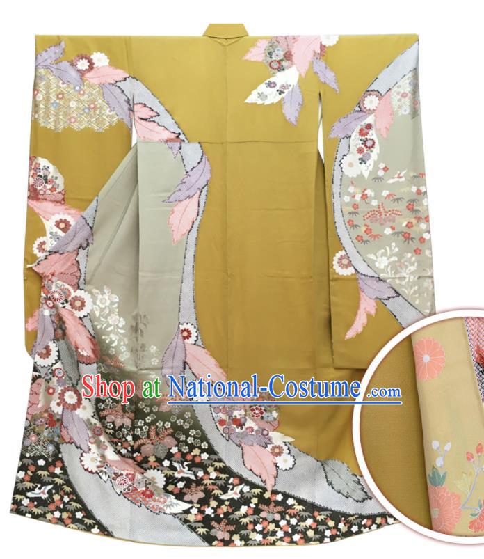 Japan Traditional Wedding Ginger Yukata Dress Classical Flowers Pattern Furisode Kimono Clothing Bride Garment Costume