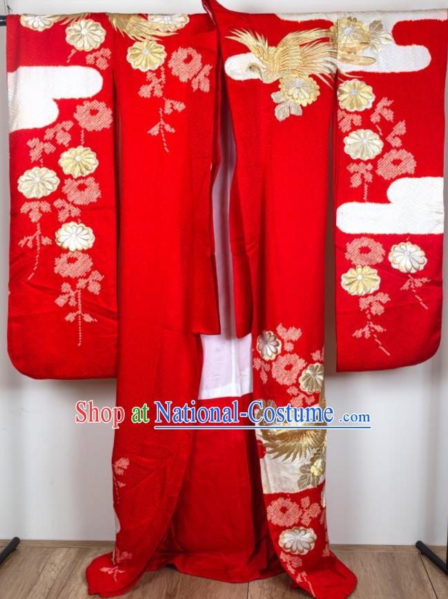 Japan Traditional Court Empress Red Yukata Dress Classical Birds Pattern Furisode Kimono Clothing Wedding Bride Embroidered Garment Costume