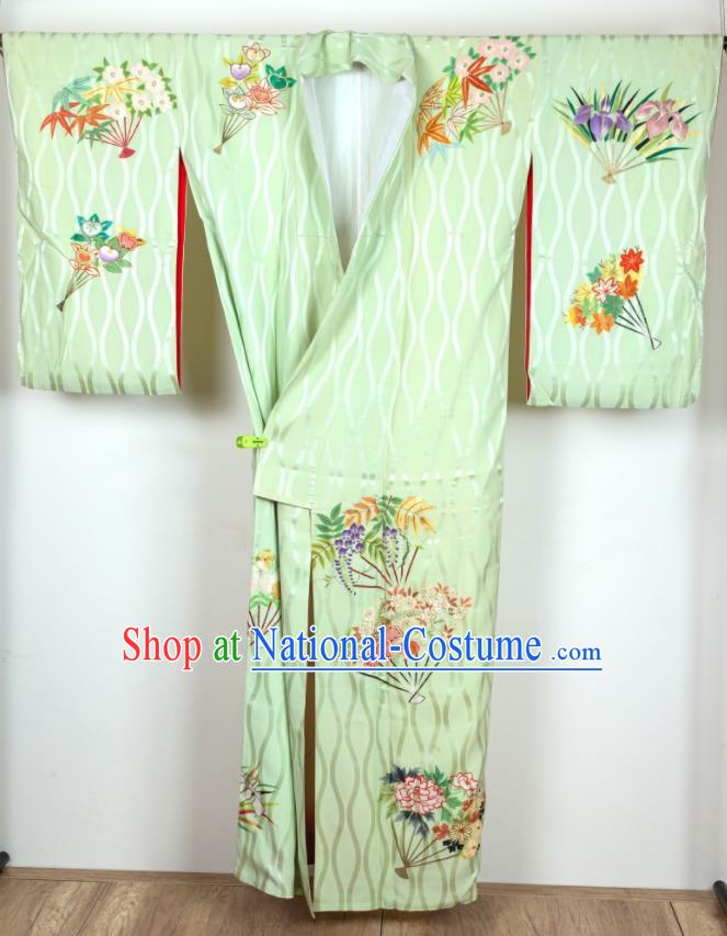 Japan Traditional Embroidered Green Yukata Dress Classical Flowers Fan Pattern Homongi Kimono Clothing Court Woman Garment Costume