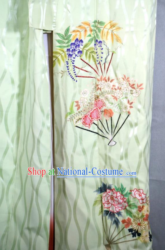 Japan Traditional Embroidered Green Yukata Dress Classical Flowers Fan Pattern Homongi Kimono Clothing Court Woman Garment Costume