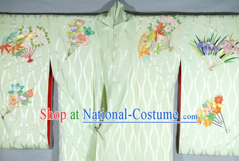 Japan Traditional Embroidered Green Yukata Dress Classical Flowers Fan Pattern Homongi Kimono Clothing Court Woman Garment Costume