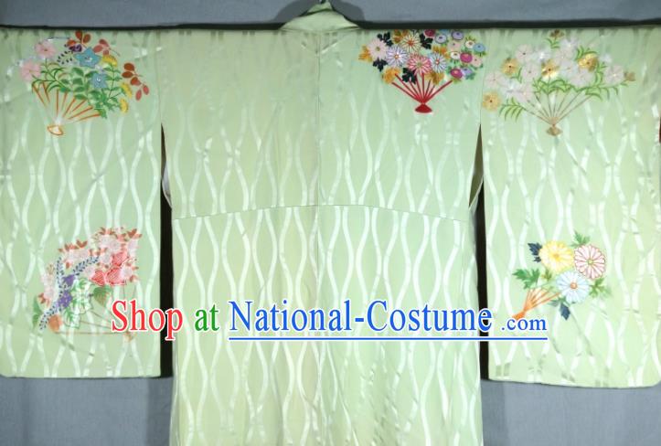 Japan Traditional Embroidered Green Yukata Dress Classical Flowers Fan Pattern Homongi Kimono Clothing Court Woman Garment Costume