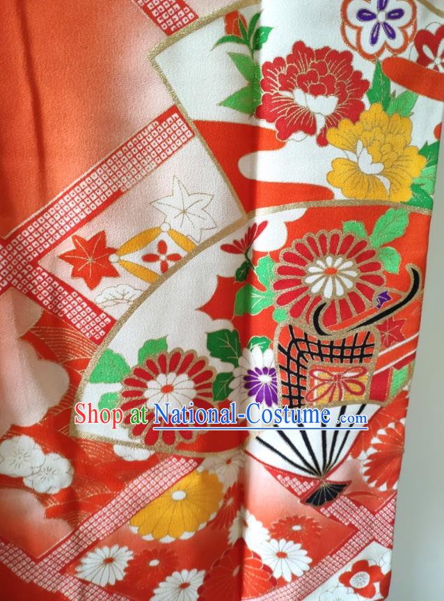 Japan Traditional Chrysanthemum Fan Pattern Red Yukata Dress Ancient Princess Clothing Festival Girl Kimono Costume