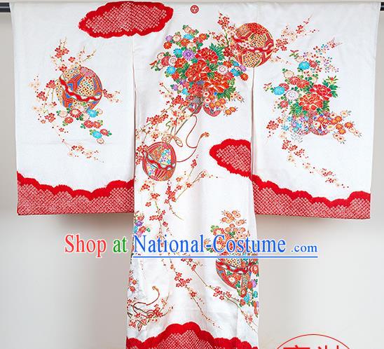 Japan Festival Girl Kimono Costume Traditional Hydrangea Pattern White Yukata Dress Ancient Princess Clothing