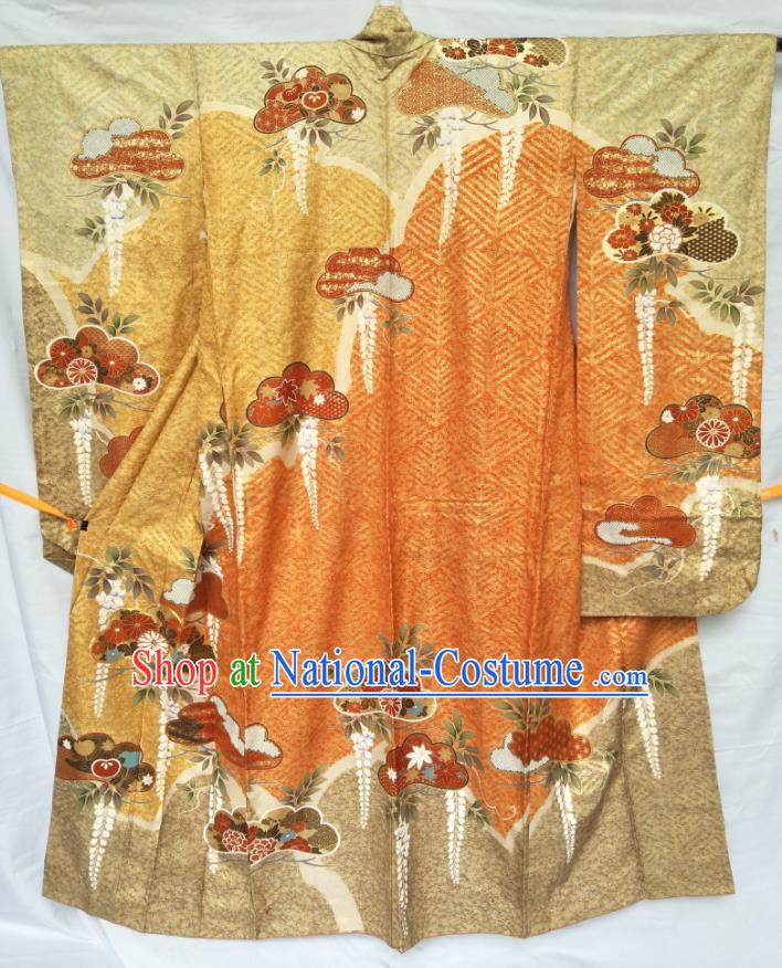 Japan Traditional Golden Silk Yukata Dress Classical Chrysanthemum Peony Pattern Furisode Kimono Clothing Queen Garment Costume