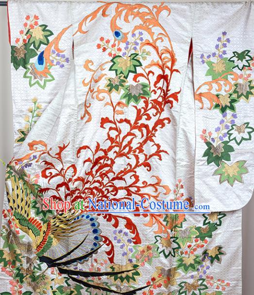 Japan Classical Phoenix Pattern Furisode Kimono Clothing Wedding Embroidered Uchikake Garment Costume Traditional White Silk Yukata Dress