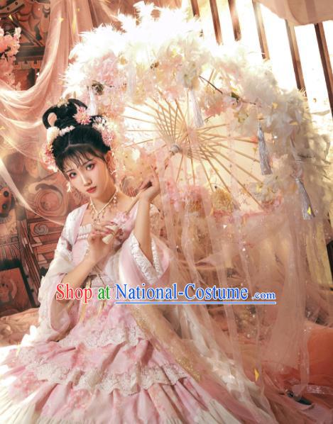 Handmade China Ancient Princess Umbrellas Pink Feather Umbrella Classical Dance Umbrella Cosplay Fairy Ribbon Tassel Umbrella