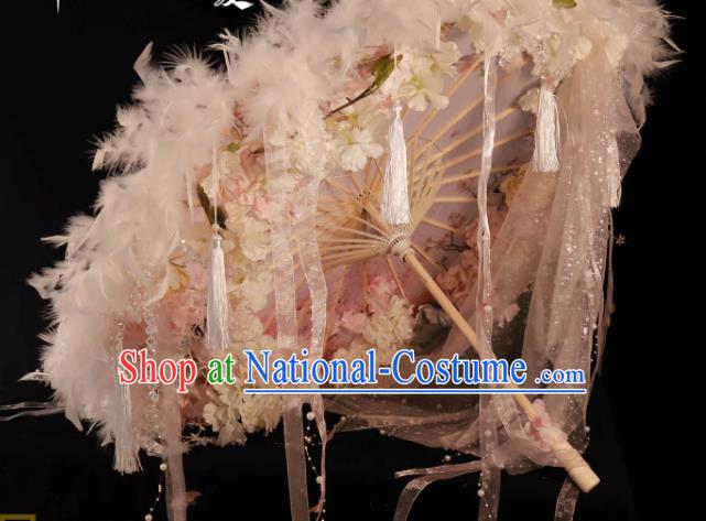 Handmade China Ancient Princess Umbrellas Pink Feather Umbrella Classical Dance Umbrella Cosplay Fairy Ribbon Tassel Umbrella