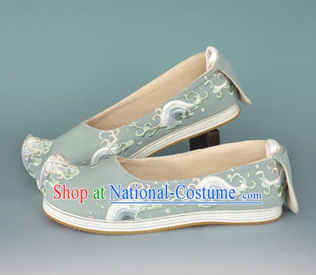 China Ancient Princess Shoes Traditional Hanfu Shoes Green Embroidered Shoes Handmade Cloth Shoes