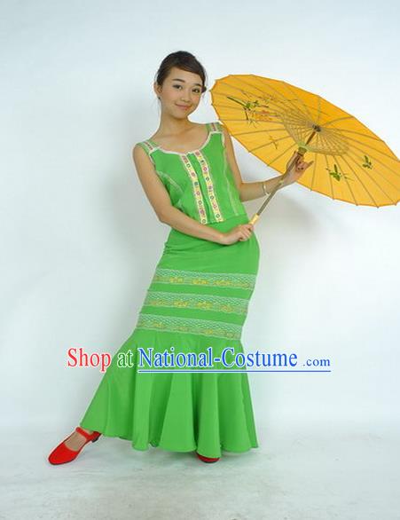 Chinese Ethnic Peacock Dance Green Uniforms Yunnan National Minority Dance Dress Dai Nationality Female Performance Garment Costumes