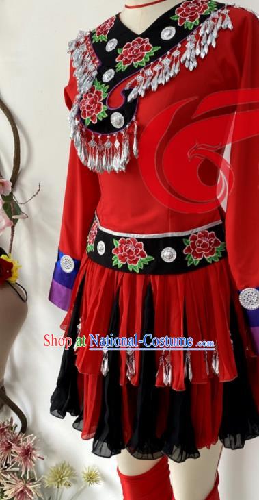 Chinese Ethnic Female Group Dance Red Dress Uniforms Hmong Minority Performance Garment Costumes Miao Nationality Wedding Clothing