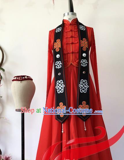 Chinese Mongolian Nationality Woman Solo Dance Clothing Ethnic Dance Red Dress Uniforms Mongol Minority Performance Garment Costumes