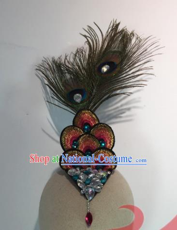 Top China Dai Nationality Stage Performance Headpiece Ethnic Peacock Dance Hair Accessories Yunnan Minority Female Dance Feather Hair Stick