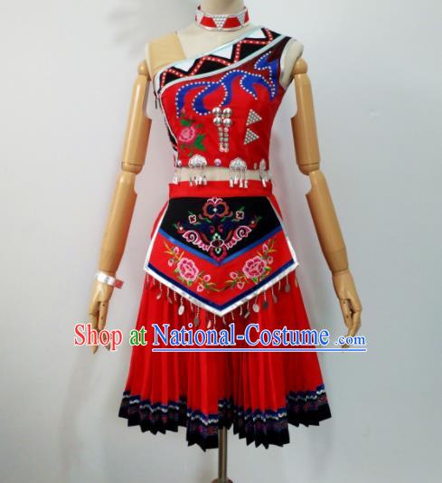 Chinese Ethnic Female Group Dance Red Dress Uniforms Xiangxi Minority Performance Garment Costumes Tujia Nationality Folk Dance Clothing