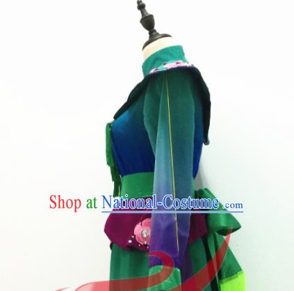 Chinese Qiang Nationality Folk Dance Clothing Ethnic Female Group Dance Green Dress Uniforms Sichuan Minority Performance Garment Costumes