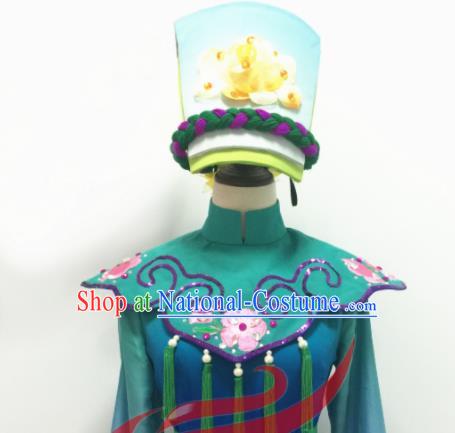 Chinese Qiang Nationality Folk Dance Clothing Ethnic Female Group Dance Green Dress Uniforms Sichuan Minority Performance Garment Costumes